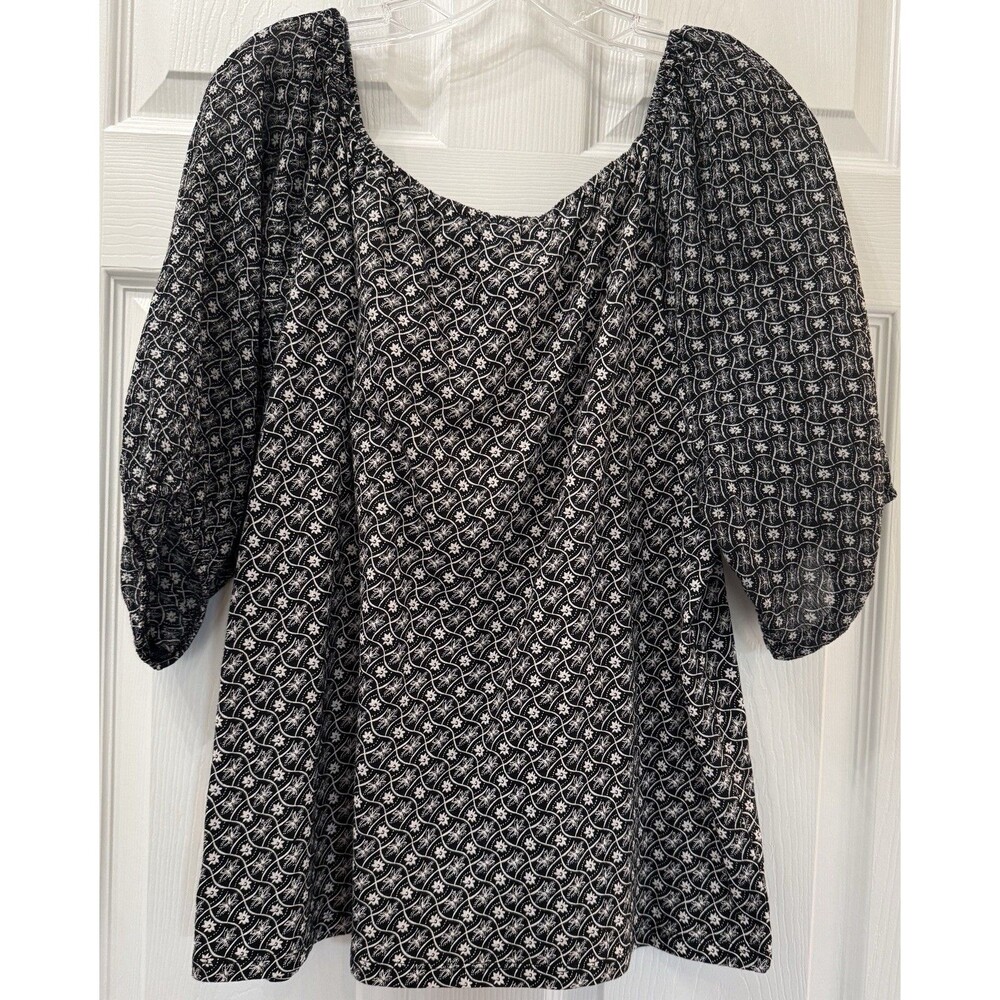 Loft Outlet Peasant Top Puff Sheer Sleeve Womens Size XL Black White Floral Boho - Picture 2 of 8